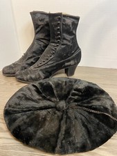 Black Velvet Victorian Side Button Antique Witch Boots Beret Hat Set Halloween
