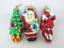  3 Blown Glass SANTA, CANDY CANE, TREE Christmas Ornaments, 4"