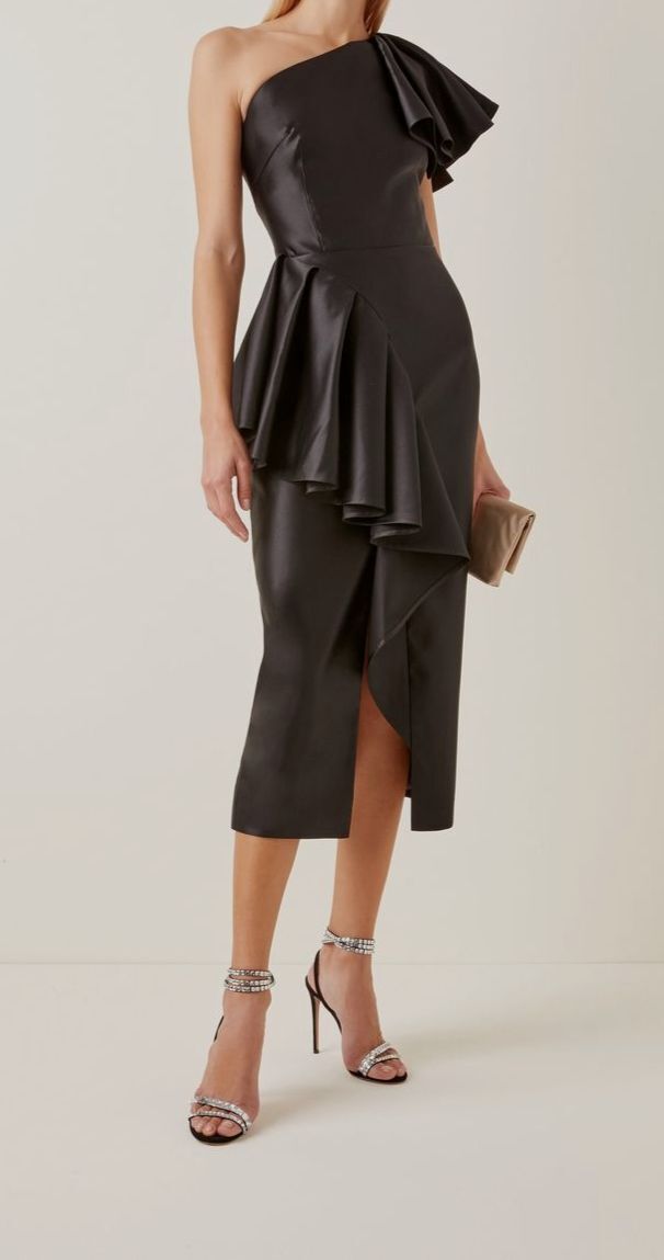 $1904 Rasario Women's Black Ruffled Satin One-Shoulder Midi Dress Sz FR 34/ US 2