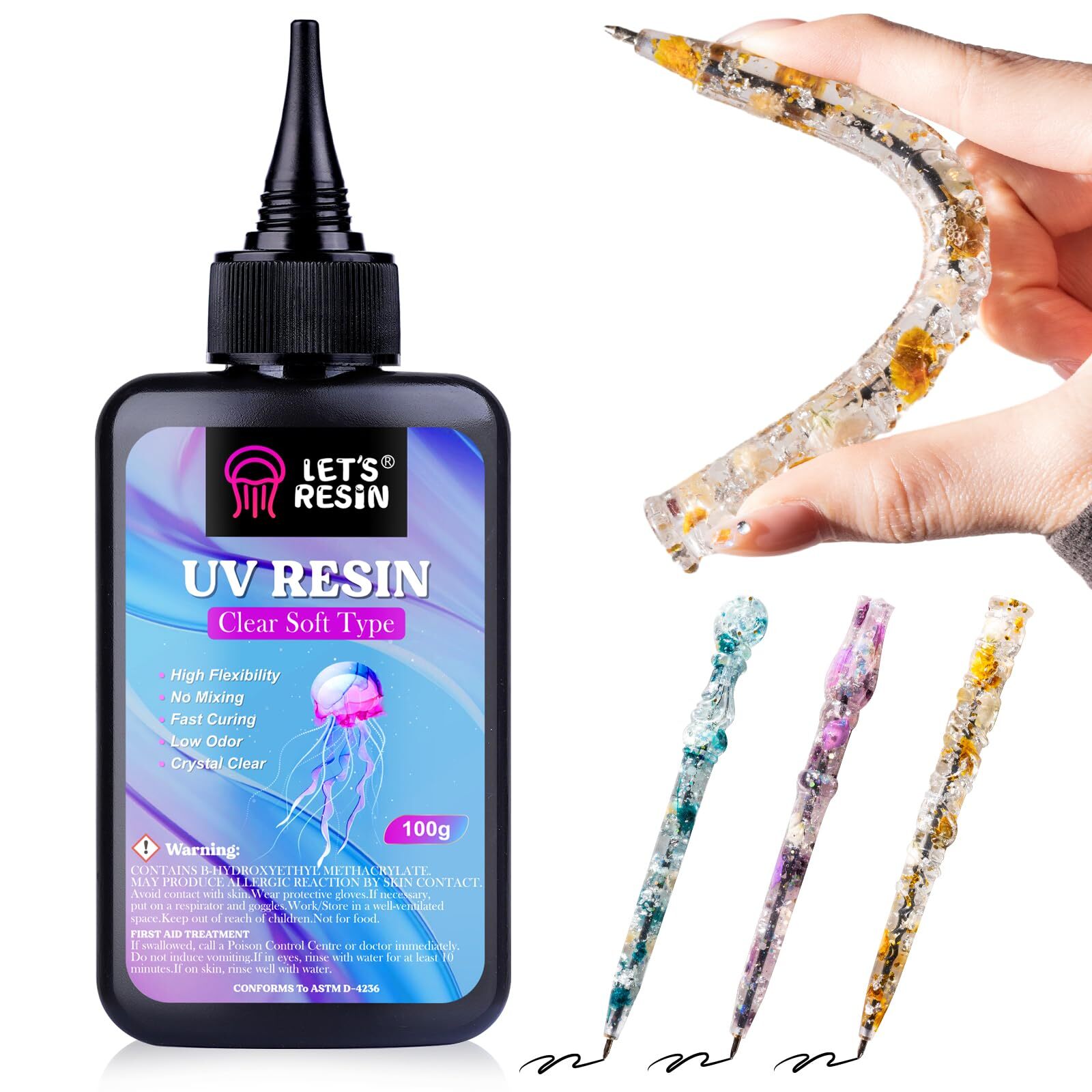 Soft UV Resin 100g Crystal Clear Bendable Epoxy Kit for DIY Crafts