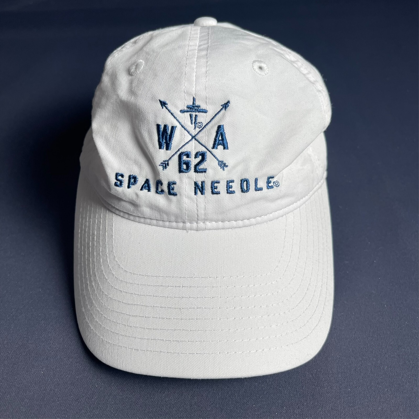 Space Needle White Adjustable Baseball Cap with Embroidered Design