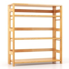 4-Tier Rubber Wood Open Floor Bookshelf Bookcase Storage Organizer w/Side Fences