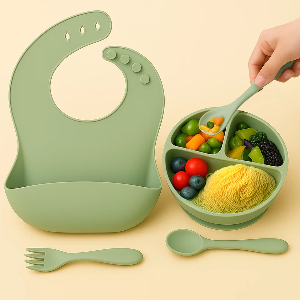 Silikon Baby Fütterungsset - Grün | BPA-frei | Utensilien Babybedarf - Bild 2 von 4