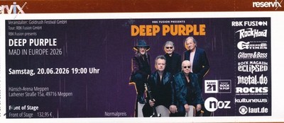 1 Ticket: DEEP PURPLE - Mad in Europe / FRONT OF STAGE - 20.06.2026 / MEPPEN