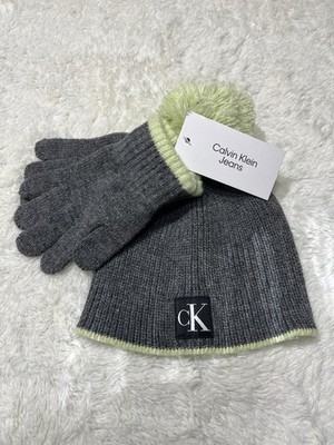 NWT Calvin Klein Kids Beanie Glove Set Pompom Electric Green Grey Unisex 4-7 yrs
