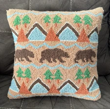 Hand Hooked Wool Throw Pillow Bears Mountains Trees Streams Rivers 16”x16”