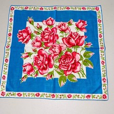 Pink Roses Handkerchief Rolled Edges Blue Vintage Rose Cottage 13 x 13 Hankie