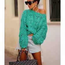 Zara Green Pom Pom Chunky Knit Crewneck Sweater Medium Blogger Favorite
