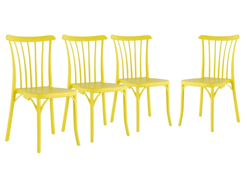 Juego de cuatro sillas de comedor apilables para exteriores de plástico de alta resistencia amarillas de 22" Foto 2 de 4