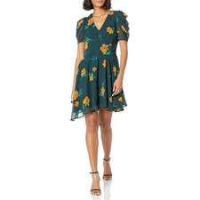 ASTR THE LABEL HUNTER GREEN FLORAL FAUX WRAP MINI DRESS KEYHOLE BACK SMALL