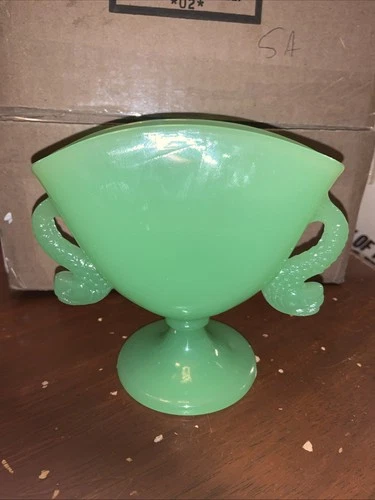 Vintage Fenton Jadeite Fan Vase with Ornate Dolphin or Fish Handles