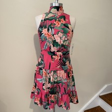 Eliza J Dress Womens 4P Pink Floral Halter Sleeveless Tiered Ruffle Spring NWT