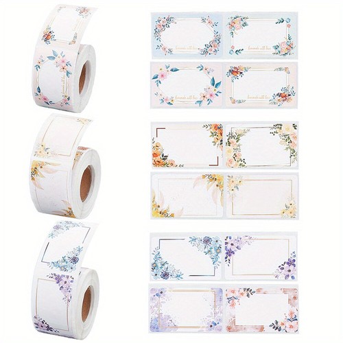 1Set 3 Rolls 3 Styles Rectangle Paper Adhesive Name Tag Blank Stickers Floral