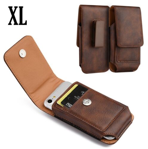 for XL Phones - Brown VERTICAL Leather Pouch Holder Belt Clip Card Holder Case - Picture 1 of 8
