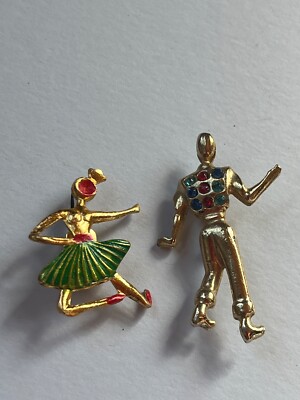 Vintage Lot of Small Plastic Woman & Goldtone w Rhinestones Man Dancer Pins Broo
