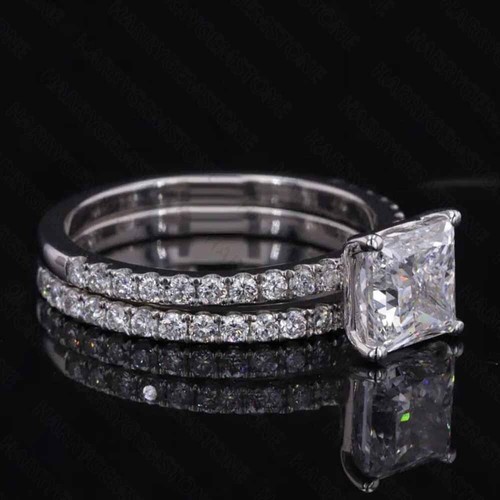 Prinzessin Moissanit Solitär Ring & passendes Eternity Band 14k Weißgold vergoldet - Bild 4 von 9