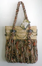 Sun 'n' Sand Purse Straw & Fabric Brown Orange Mod Print Coin Chain Detail New