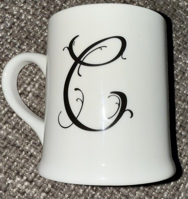 Monogram Coffee Mug Initial ''C'' Black Curly Script Font White Cup Neiman Marcus