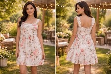Women Showing White Pink Floral Mini Dress Size Xl