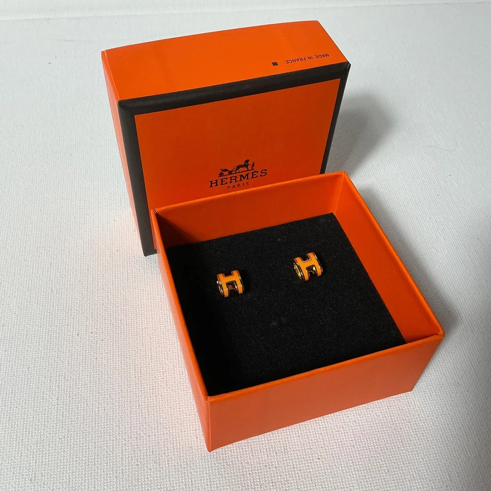100% Authentic Hermes Mini Pop H Earrings Orange Gold Plated - Image 2 of 4