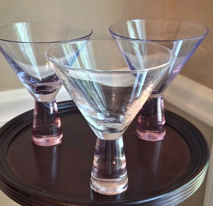 Set of 3 Fabrique a La Main Martini Glasse Hand Made 2 BLUE, 1 CLEAR, PINK BASES
