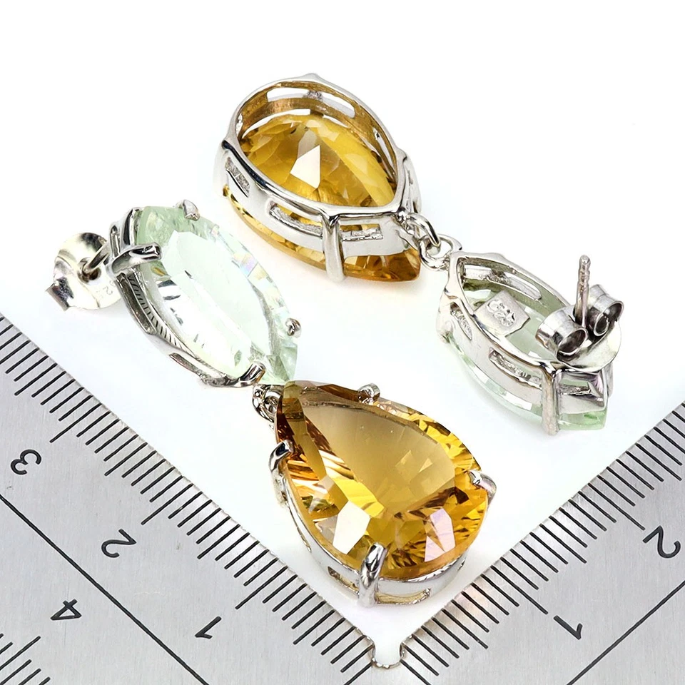 925 Orecchini Argento Sterling Pera Citrino 32ct Verde Ametista Fatto Gemma - Immagine 3 di 4