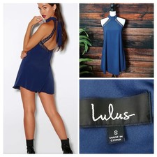 Lulus Dress Size Small Blue Open Back Lace Halter Tie Neck Swing Shift Lined