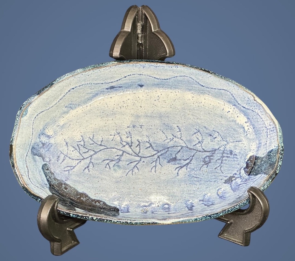 Studio Crafted Oval Pottery Dish with Abstract Blue Tree Branch Design (8" x 5")