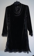 Chico's Sz 0 Black Velvet 3/4 Sleeve Shift Sheath Dress Lace Trim NWOT Cowl Neck