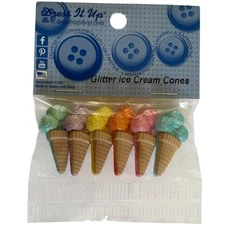 Dress It Up Glitter Ice Cream Cones Buttons - Shank Sweet Treat Summer Yum 079