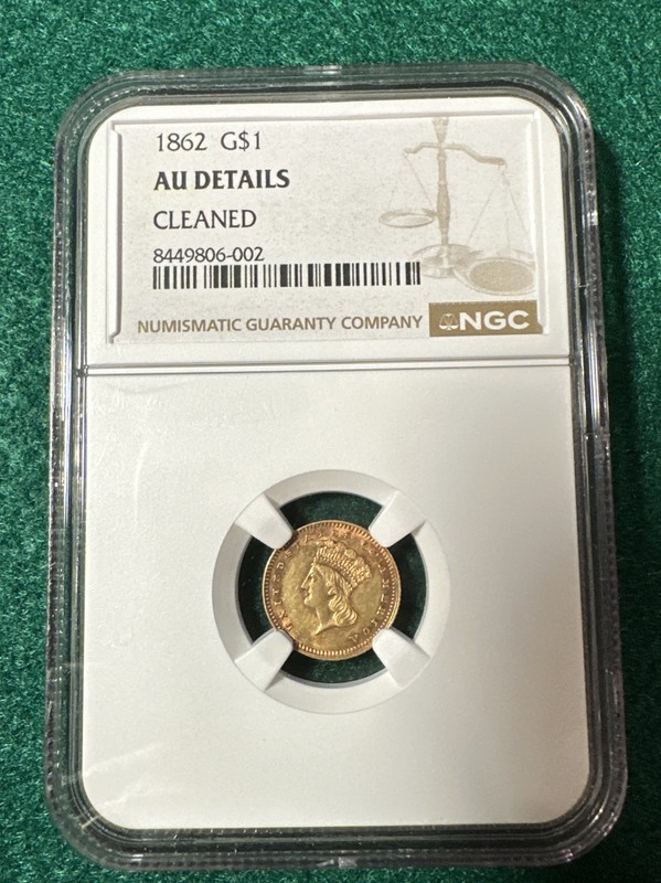 1862 $1 Indian Princess gold dollar, NGC AU DETAILS  CLEANED