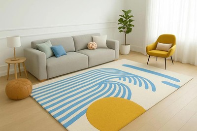 Abstract Blue Wave Wool Rug: Modern Hand Tufted Carpet