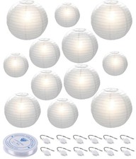 White LED Paper Lanterns with Lights, Chinese Hanging Paper Lanterns, 12pcs