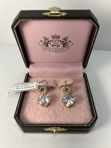 VTG Juicy Couture Gold Plated Faceted Heart Drop Dangle CZ Earrings New in Box