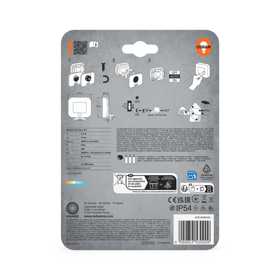 OSRAM NIGHTLUX Hall Nachtlicht, Weiß, Bewegungssensor, IP54, batteriebetrieben, - Bild 3 von 4