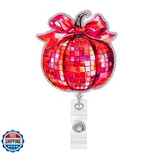 Fall Badge Reel Autumn Disco Pumpkin Badge Reel Retractable with Clip for Nur