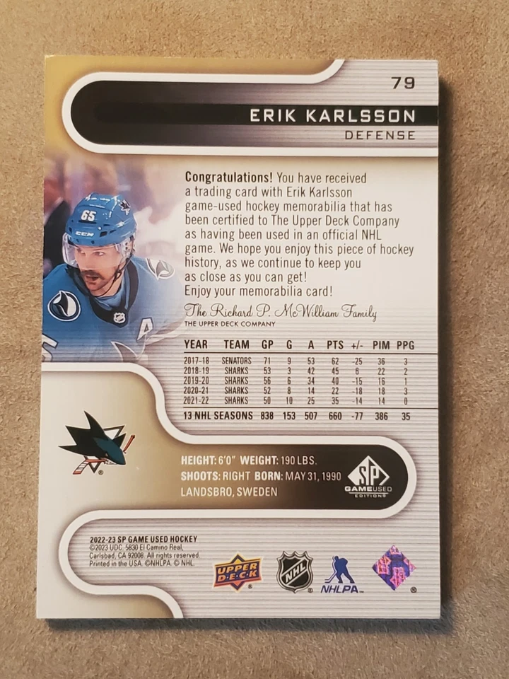 2022-23 SP Game Used - Erik Karlsson #79 Gold /25 Filthy Shark Tooth Patch - Image 2 of 4