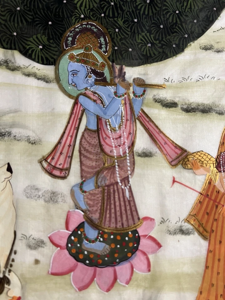 Antigua pintura del dios hindú Krishna Pichwai Thangka - India Rajasthan, principios de 1900 Foto 3 de 3