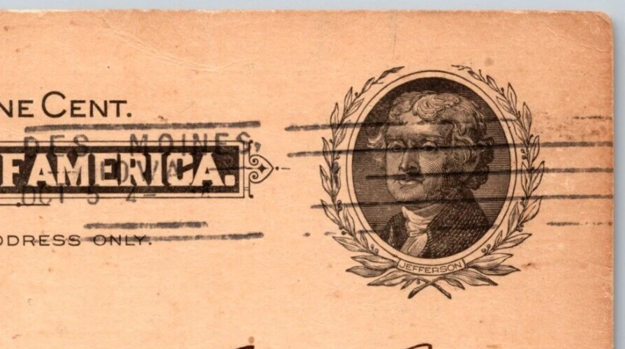 1897 UX14 Postal Card IOWA PRINTING CO DES MOINES IA To CORNING Savings Bank IA - Image 2 of 3