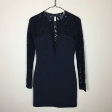 Babaton Bodycon Sheath Dress Sz 0 Womans Navy Blue Sheer Lace Panel Long Sleeve