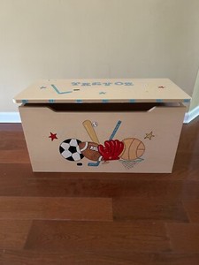 Brown Wood Toy Chest with Hand Painted Details"Trevor"  PICK UP ONLY MELVILLE NY