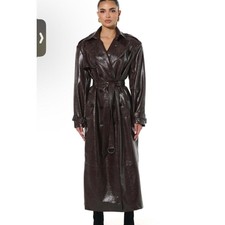 Naked Wardrobe Women's Size Small Crocodile Trench Coat Brown Vegan Leather