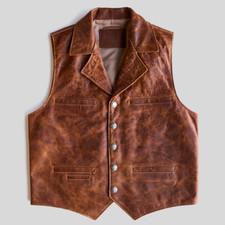 Mens Leather Vest Biker American Vintage Distressed Brown Pocket Style Waistcoat