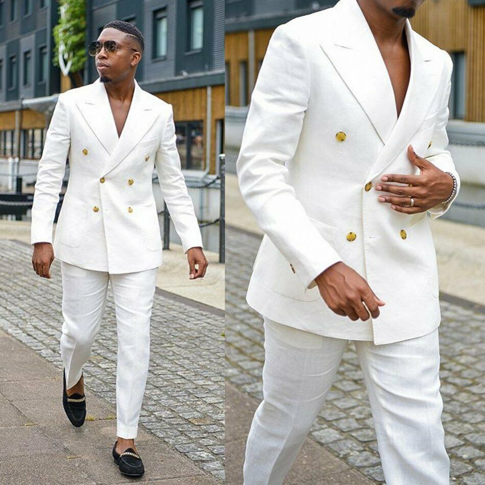 White Men's Suit Fashion Peak Lapel Double Breasted Blazer Spring