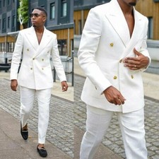 White Men's Suit Fashion Peak Lapel Double Breasted Blazer Spring Summer Pants