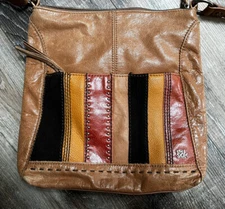 The Sak Tan Leather Hobo Patchwork Purse Boho Crossbody Bag Adjustable Strap