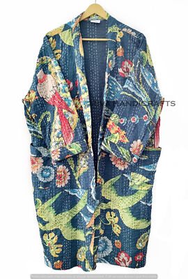 Indian Peacock Print Kantha Quilted Handmade Navy Blue Winter Mid-Length Jacket
