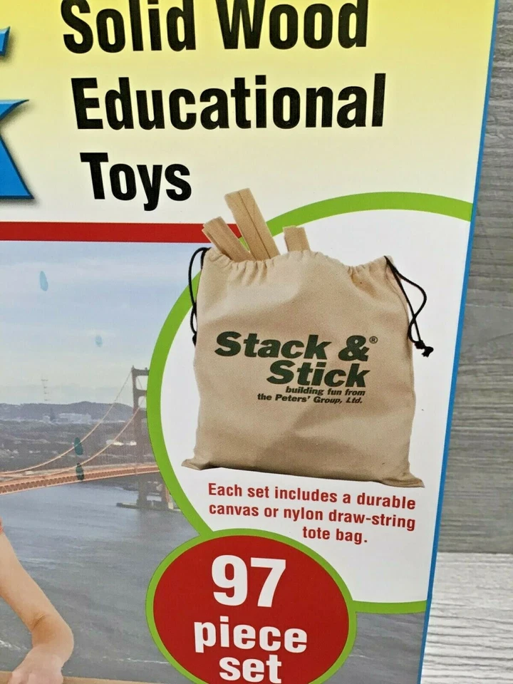 New Stack & Stick Solid Wood Building Blocks Toy Set - 97 pc. Bridge Set - Image 2 of 4