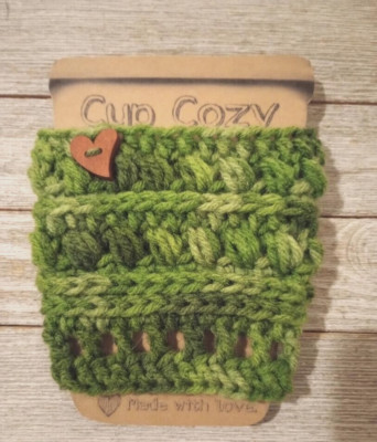 handmade crochet coffee cup drink cozy sleeve green tones 1pc