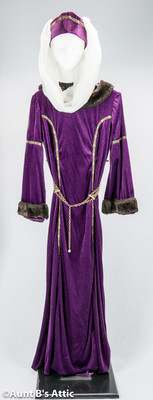 dark purple medieval dress Medieval Gothic Purple Off-Shoulder Purple corset prom dress with Long Sleeves, Black Lace Applique, Pleats, and Ruched Detailing